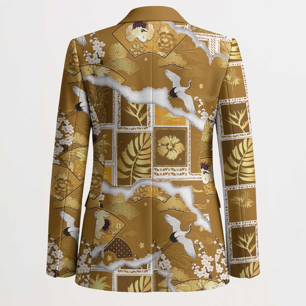 Hawaii Japanese Culture Gold Blazer Spring Cranes Aloha Pattern