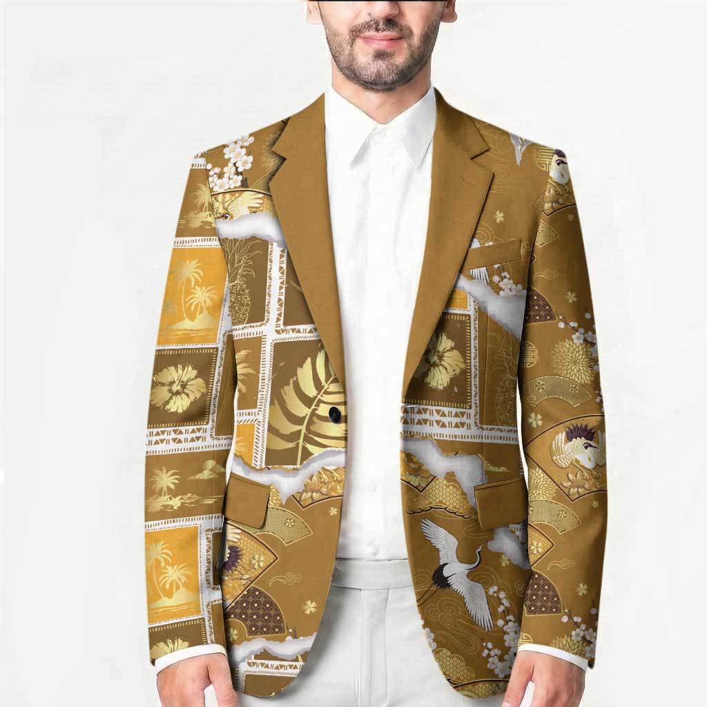 Hawaii Japanese Culture Gold Blazer Spring Cranes Aloha Pattern
