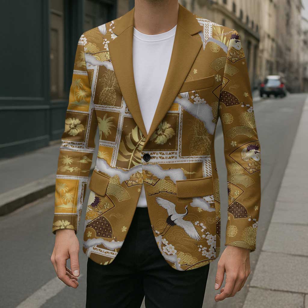 Hawaii Japanese Culture Gold Blazer Spring Cranes Aloha Pattern