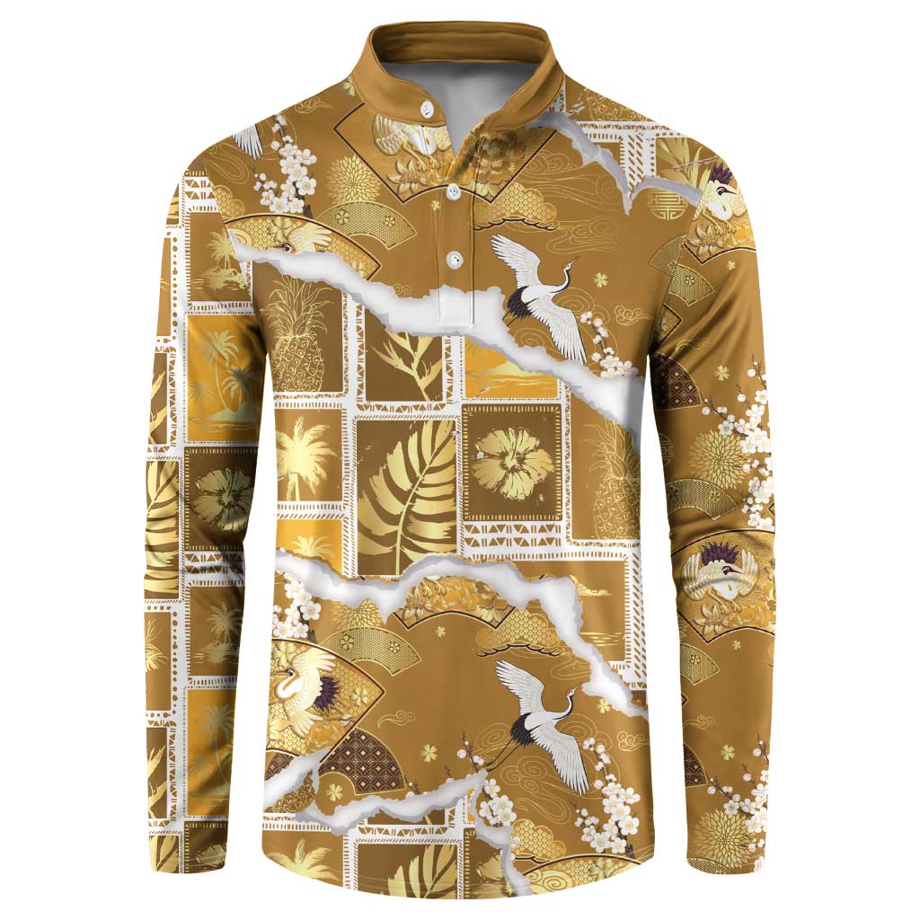 Hawaii Japanese Culture Gold Button Sweatshirt Spring Cranes Aloha Pattern