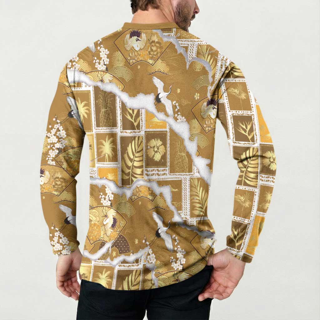 Hawaii Japanese Culture Gold Button Sweatshirt Spring Cranes Aloha Pattern
