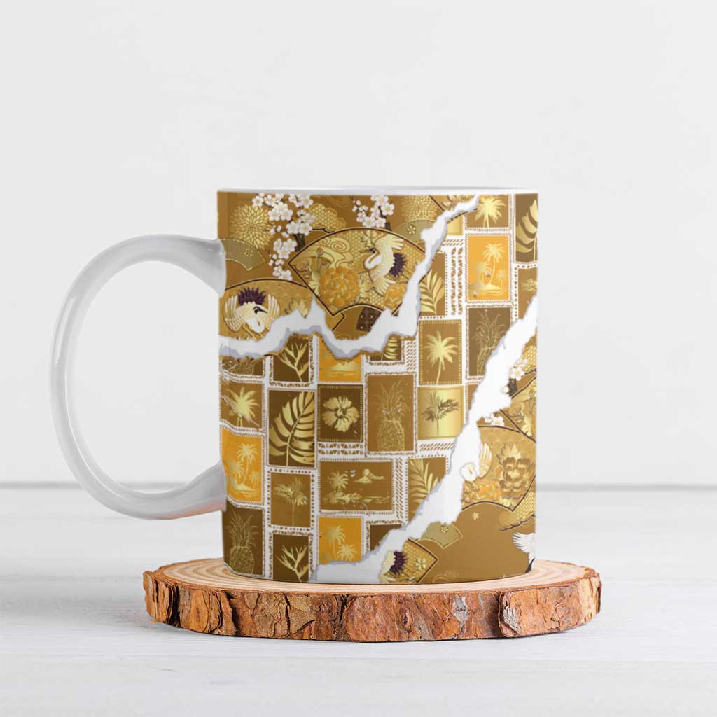Hawaii Japanese Culture Gold Ceramic Mug Spring Cranes Aloha Pattern