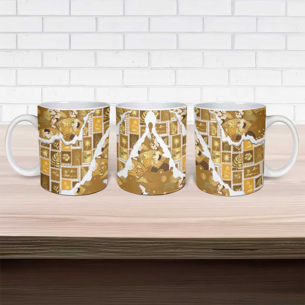 Hawaii Japanese Culture Gold Ceramic Mug Spring Cranes Aloha Pattern