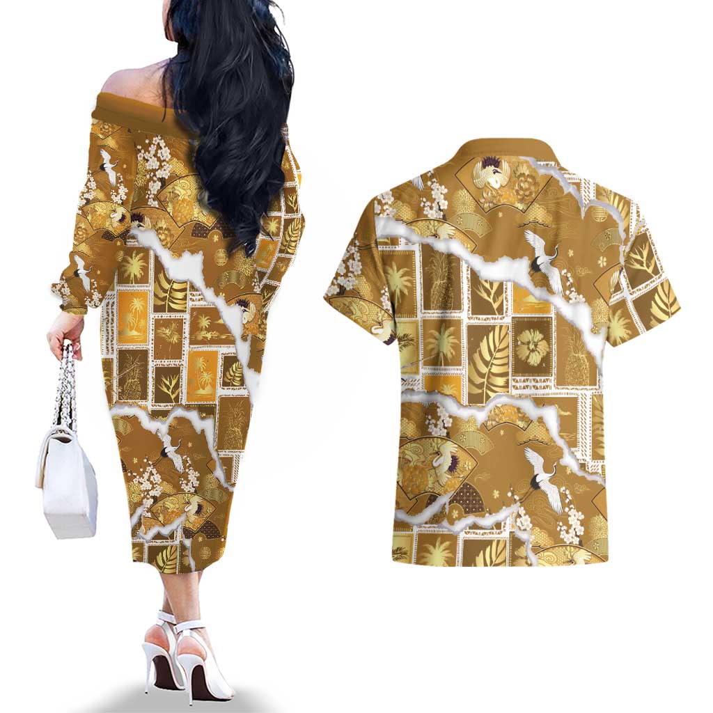 Hawaii Japanese Culture Gold Couples Matching Off The Shoulder Long Sleeve Dress and Hawaiian Shirt Spring Cranes Aloha Pattern