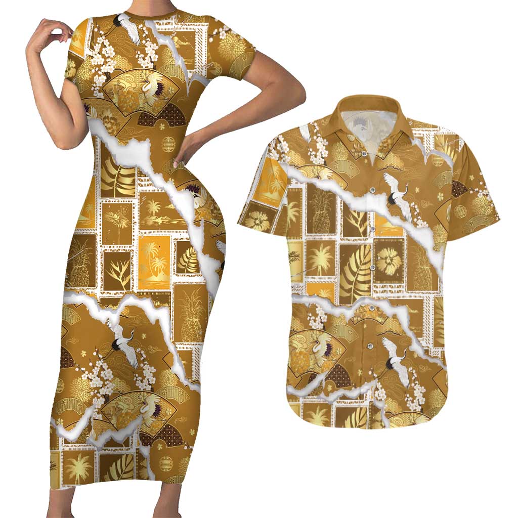Hawaii Japanese Culture Gold Couples Matching Short Sleeve Bodycon Dress and Hawaiian Shirt Spring Cranes Aloha Pattern