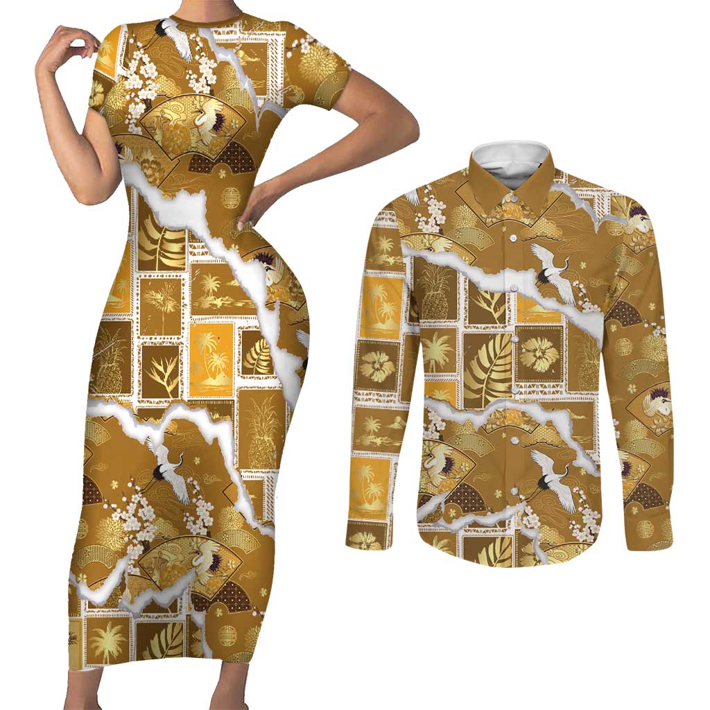 Hawaii Japanese Culture Gold Couples Matching Short Sleeve Bodycon Dress and Long Sleeve Button Shirt Spring Cranes Aloha Pattern