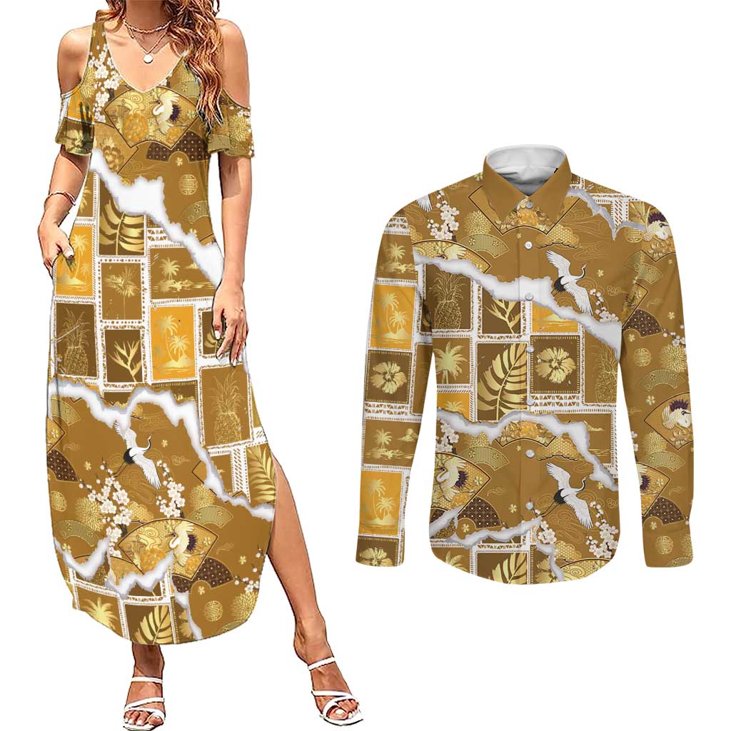 Hawaii Japanese Culture Gold Couples Matching Summer Maxi Dress and Long Sleeve Button Shirt Spring Cranes Aloha Pattern