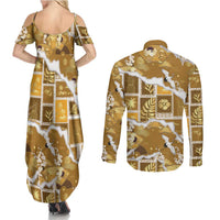 Hawaii Japanese Culture Gold Couples Matching Summer Maxi Dress and Long Sleeve Button Shirt Spring Cranes Aloha Pattern