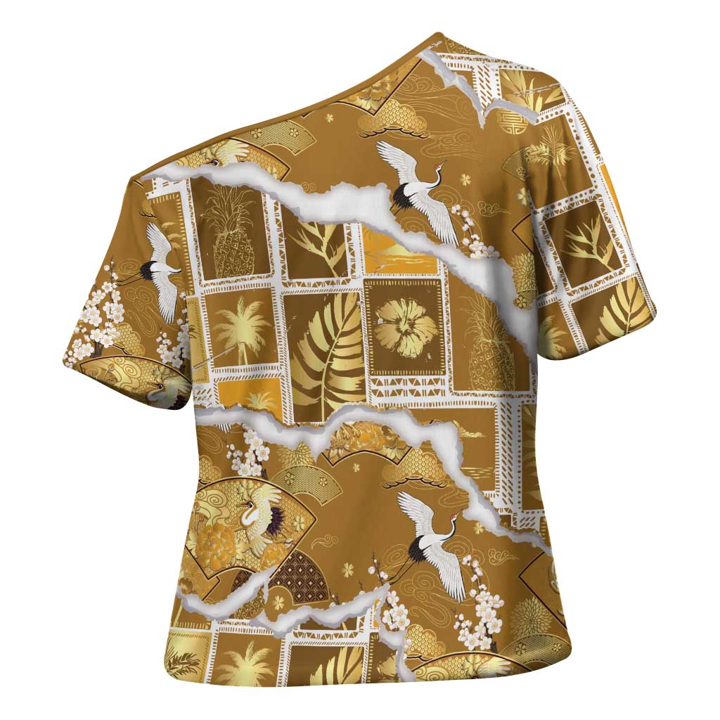 Hawaii Japanese Culture Gold Cross Shoulder Shirt Spring Cranes Aloha Pattern