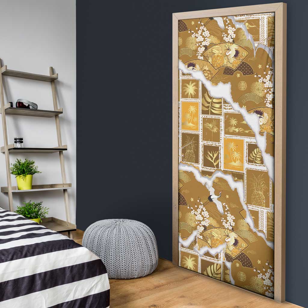 Hawaii Japanese Culture Gold Door Cover Spring Cranes Aloha Pattern