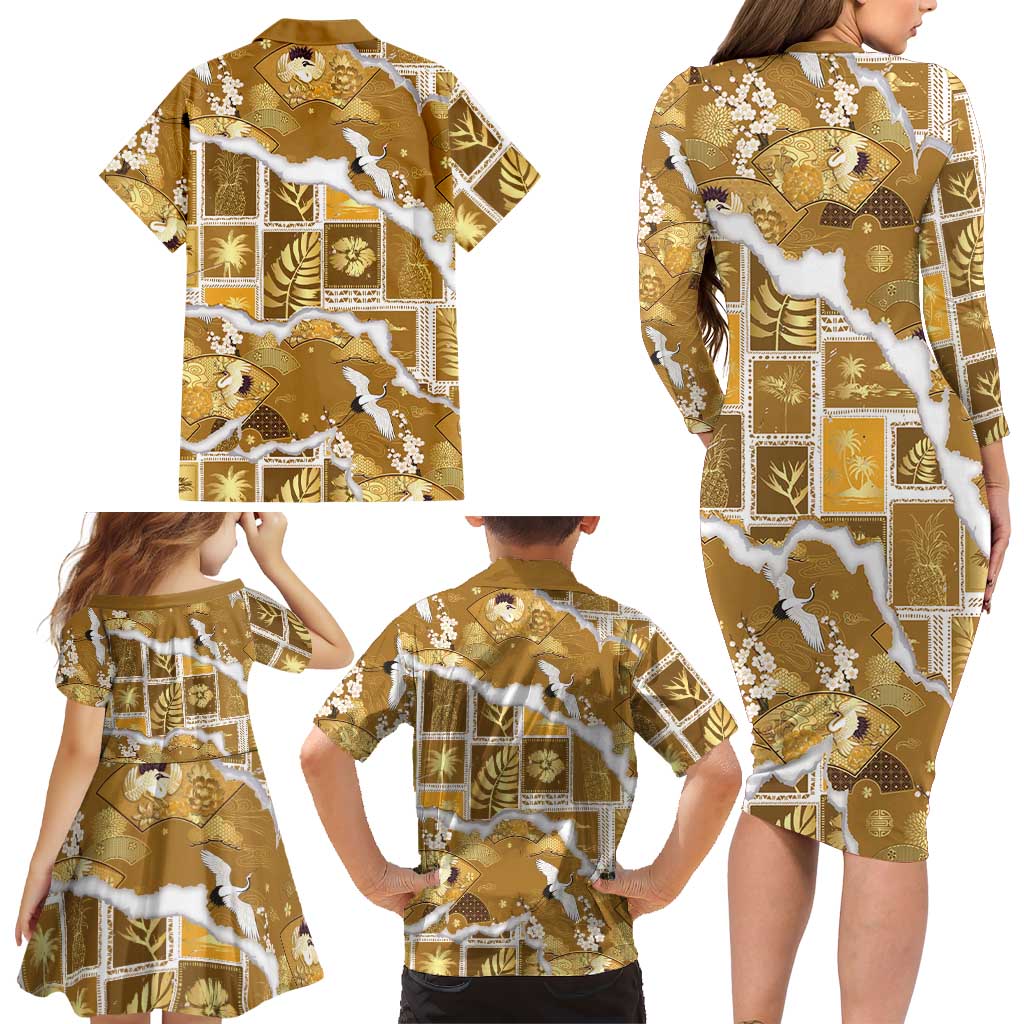 Hawaii Japanese Culture Gold Family Matching Long Sleeve Bodycon Dress and Hawaiian Shirt Spring Cranes Aloha Pattern LT01 - Polynesian Pride