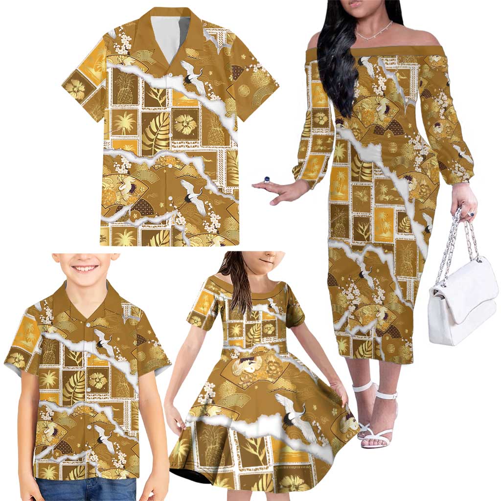 Hawaii Japanese Culture Gold Family Matching Off The Shoulder Long Sleeve Dress and Hawaiian Shirt Spring Cranes Aloha Pattern