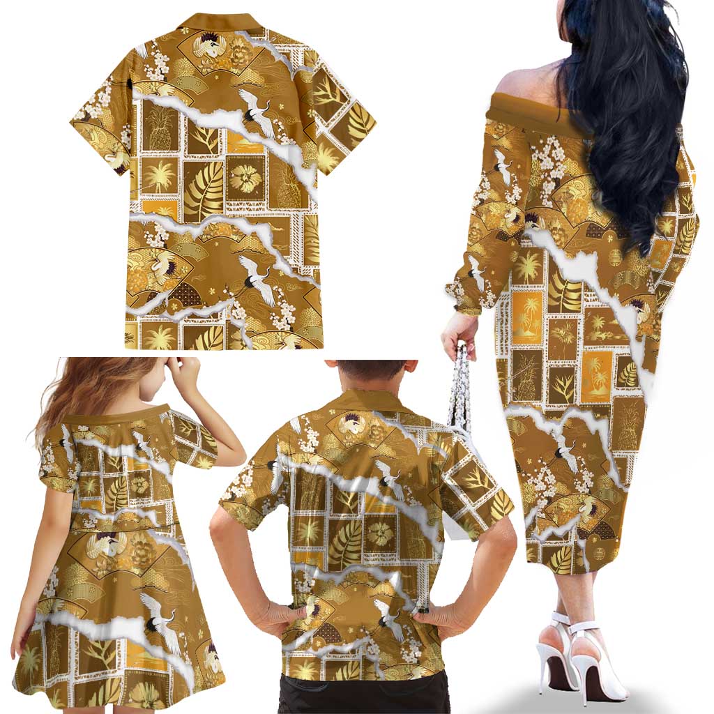 Hawaii Japanese Culture Gold Family Matching Off The Shoulder Long Sleeve Dress and Hawaiian Shirt Spring Cranes Aloha Pattern LT01 - Polynesian Pride