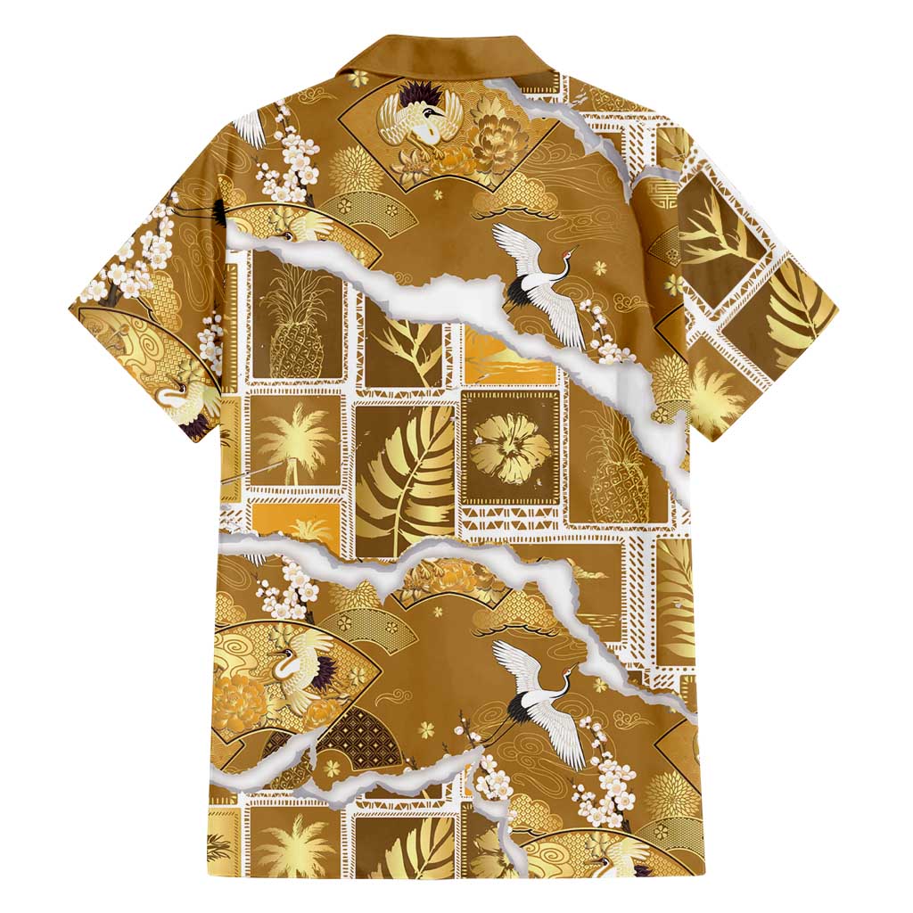 Hawaii Japanese Culture Gold Family Matching Off The Shoulder Long Sleeve Dress and Hawaiian Shirt Spring Cranes Aloha Pattern LT01 - Polynesian Pride