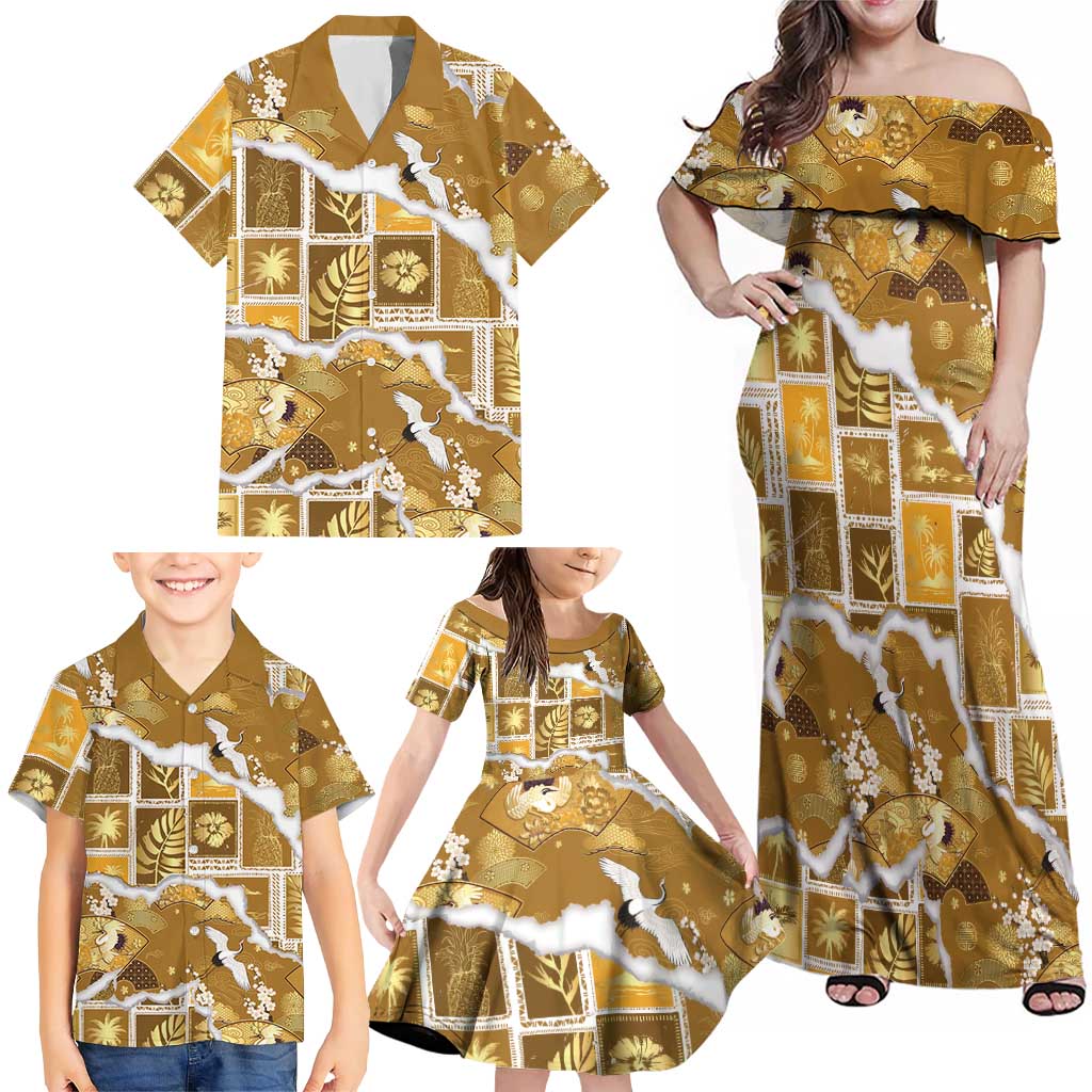 Hawaii Japanese Culture Gold Family Matching Off Shoulder Maxi Dress and Hawaiian Shirt Spring Cranes Aloha Pattern LT01 - Polynesian Pride