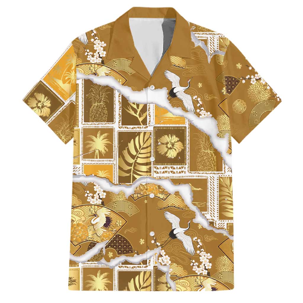 Hawaii Japanese Culture Gold Family Matching Off Shoulder Maxi Dress and Hawaiian Shirt Spring Cranes Aloha Pattern LT01 Dad's Shirt - Short Sleeve Gold - Polynesian Pride