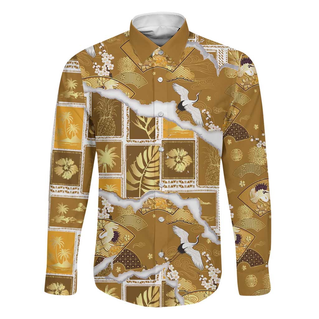Hawaii Japanese Culture Gold Family Matching Off Shoulder Maxi Dress and Hawaiian Shirt Spring Cranes Aloha Pattern LT01 Dad's Shirt - Long Sleeve Gold - Polynesian Pride