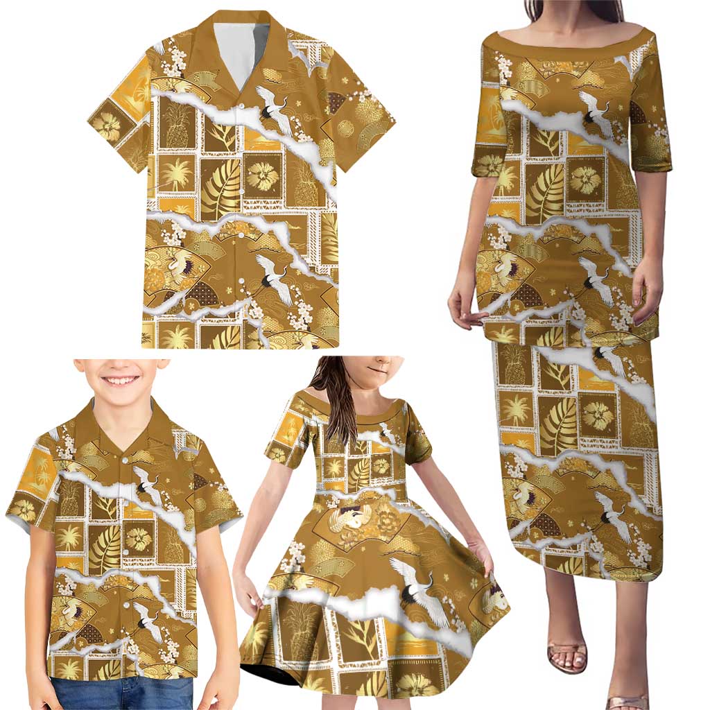 Hawaii Japanese Culture Gold Family Matching Puletasi and Hawaiian Shirt Spring Cranes Aloha Pattern
