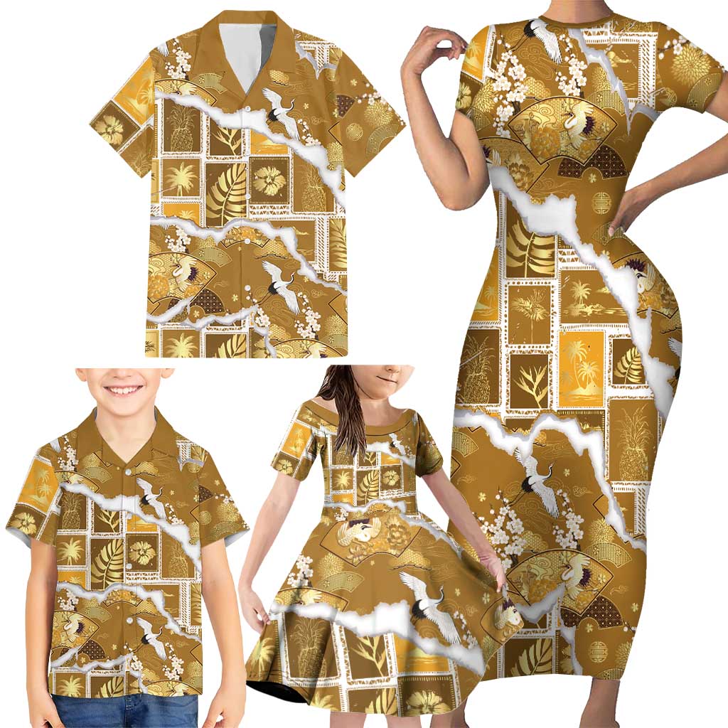 Hawaii Japanese Culture Gold Family Matching Short Sleeve Bodycon Dress and Hawaiian Shirt Spring Cranes Aloha Pattern LT01 - Polynesian Pride