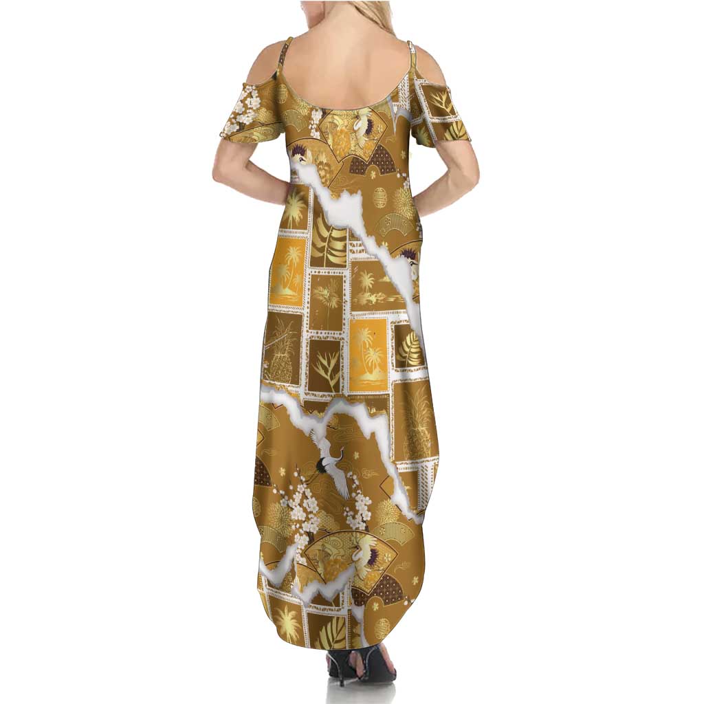 Hawaii Japanese Culture Gold Family Matching Summer Maxi Dress and Hawaiian Shirt Spring Cranes Aloha Pattern LT01 - Polynesian Pride