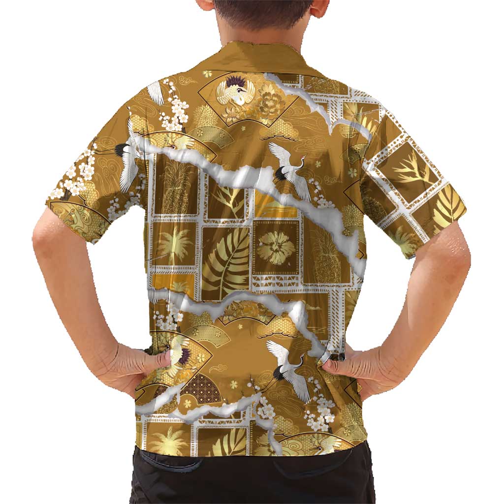 Hawaii Japanese Culture Gold Family Matching Tank Maxi Dress and Hawaiian Shirt Spring Cranes Aloha Pattern LT01 - Polynesian Pride