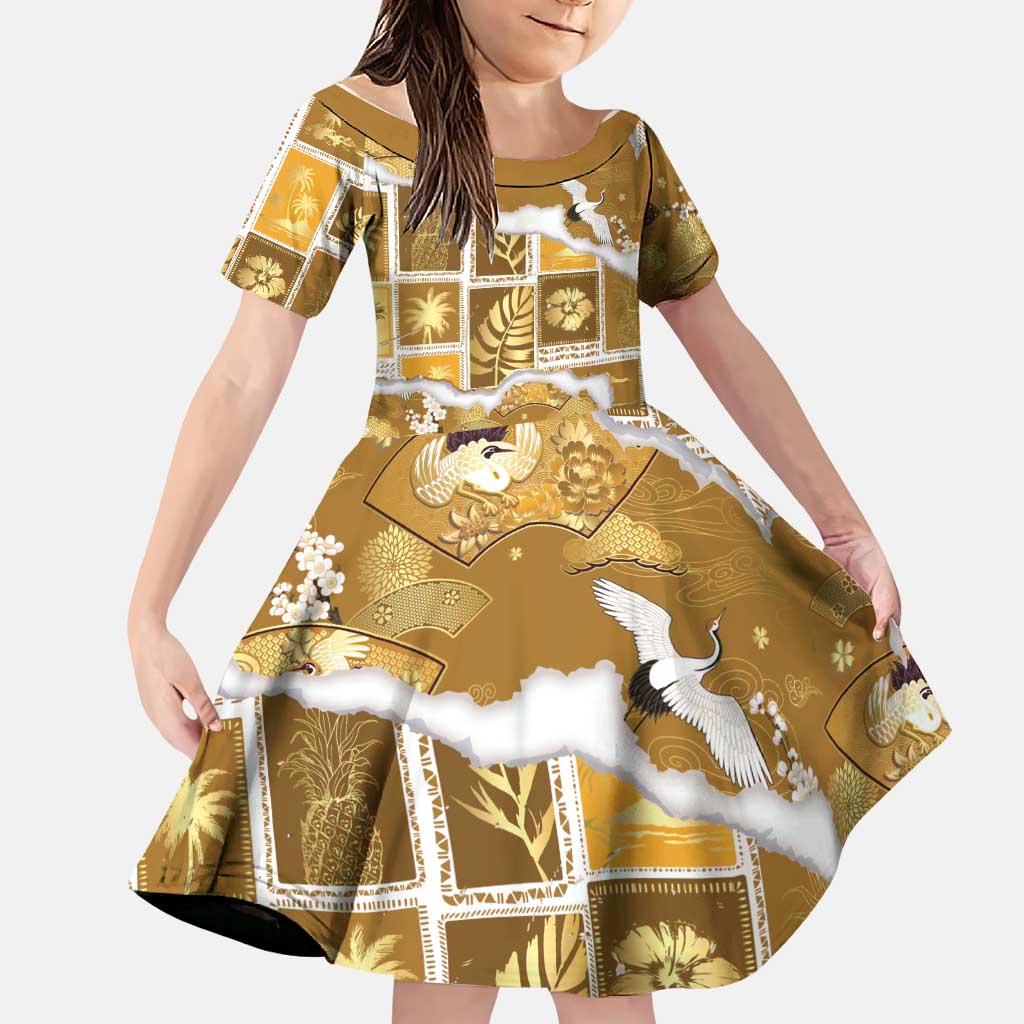Hawaii Japanese Culture Gold Family Matching Tank Maxi Dress and Hawaiian Shirt Spring Cranes Aloha Pattern LT01 Daughter's Dress Gold - Polynesian Pride