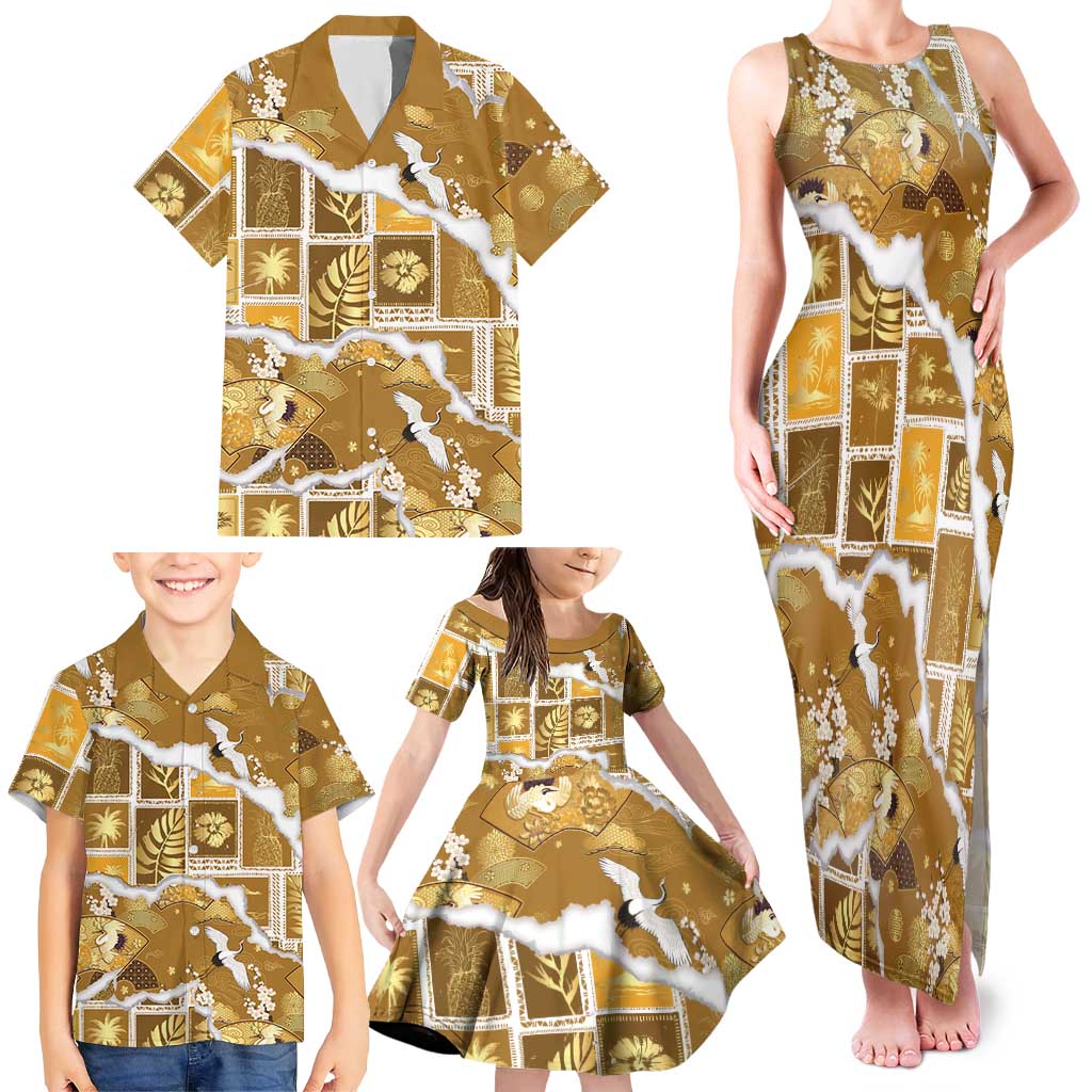 Hawaii Japanese Culture Gold Family Matching Tank Maxi Dress and Hawaiian Shirt Spring Cranes Aloha Pattern LT01 - Polynesian Pride