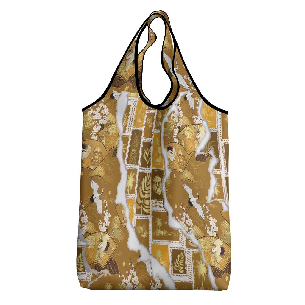 Hawaii Japanese Culture Gold Grocery Bag Spring Cranes Aloha Pattern