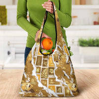 Hawaii Japanese Culture Gold Grocery Bag Spring Cranes Aloha Pattern