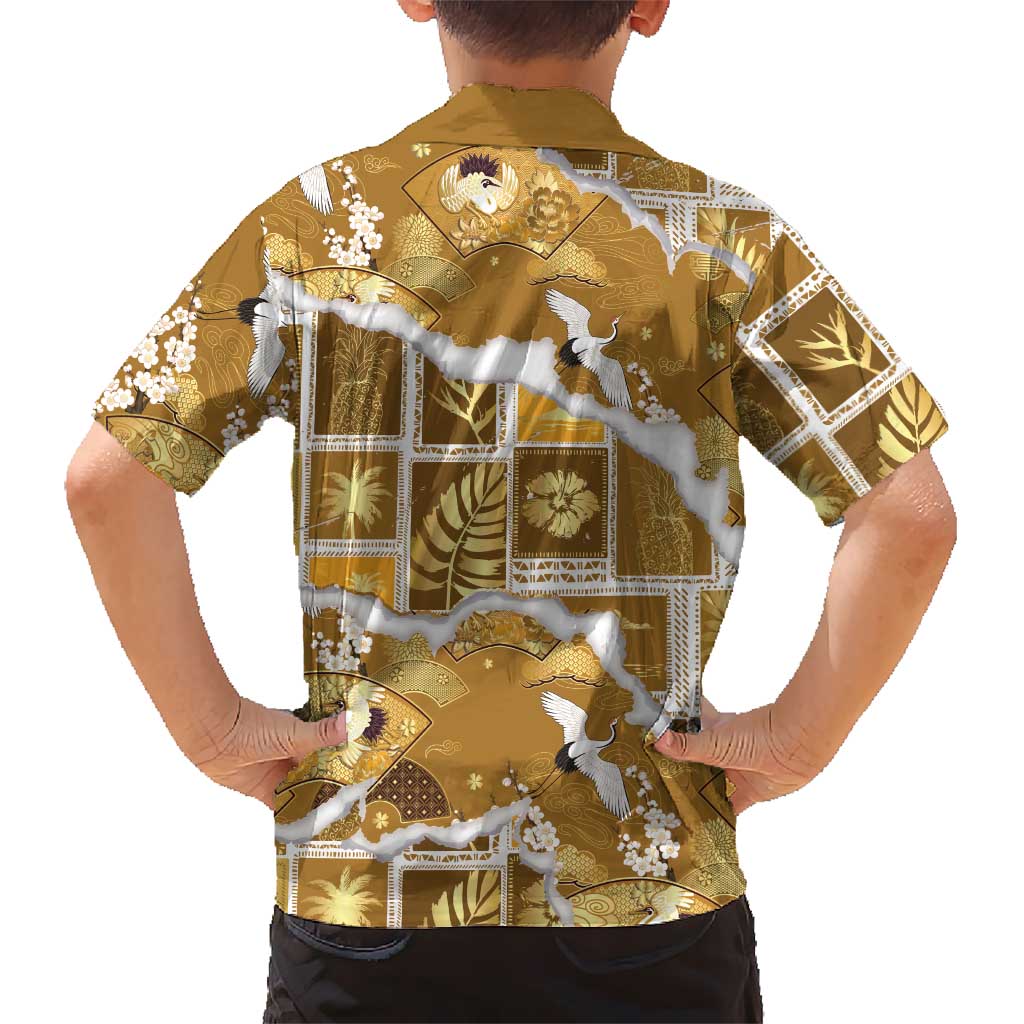 Hawaii Japanese Culture Gold Hawaiian Shirt Spring Cranes Aloha Pattern