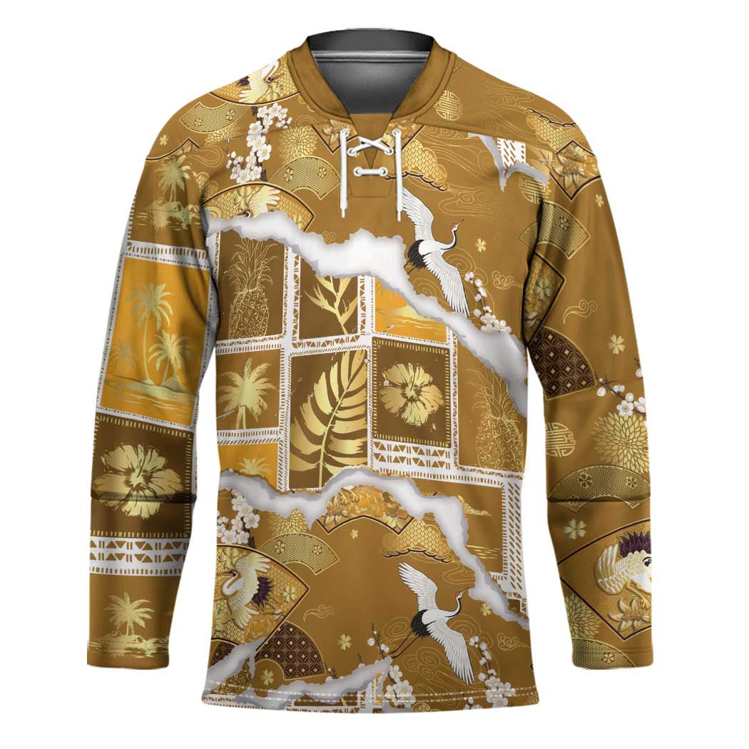 Hawaii Japanese Culture Gold Hockey Jersey Spring Cranes Aloha Pattern