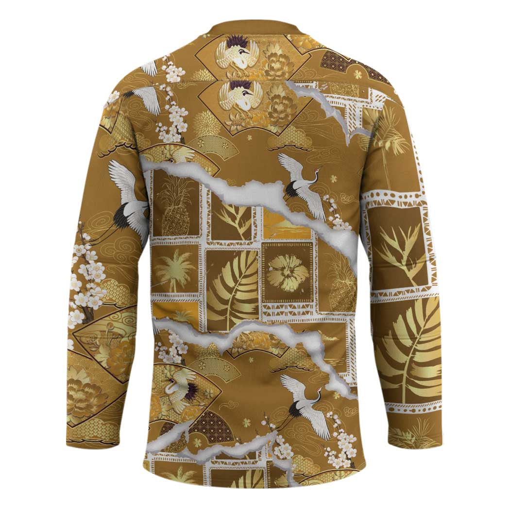 Hawaii Japanese Culture Gold Hockey Jersey Spring Cranes Aloha Pattern