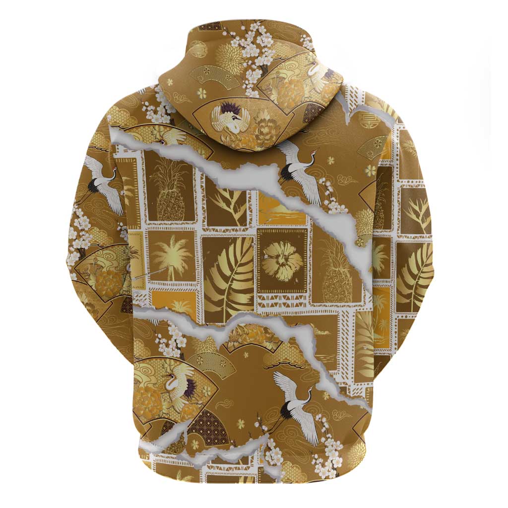 Hawaii Japanese Culture Gold Hoodie Spring Cranes Aloha Pattern