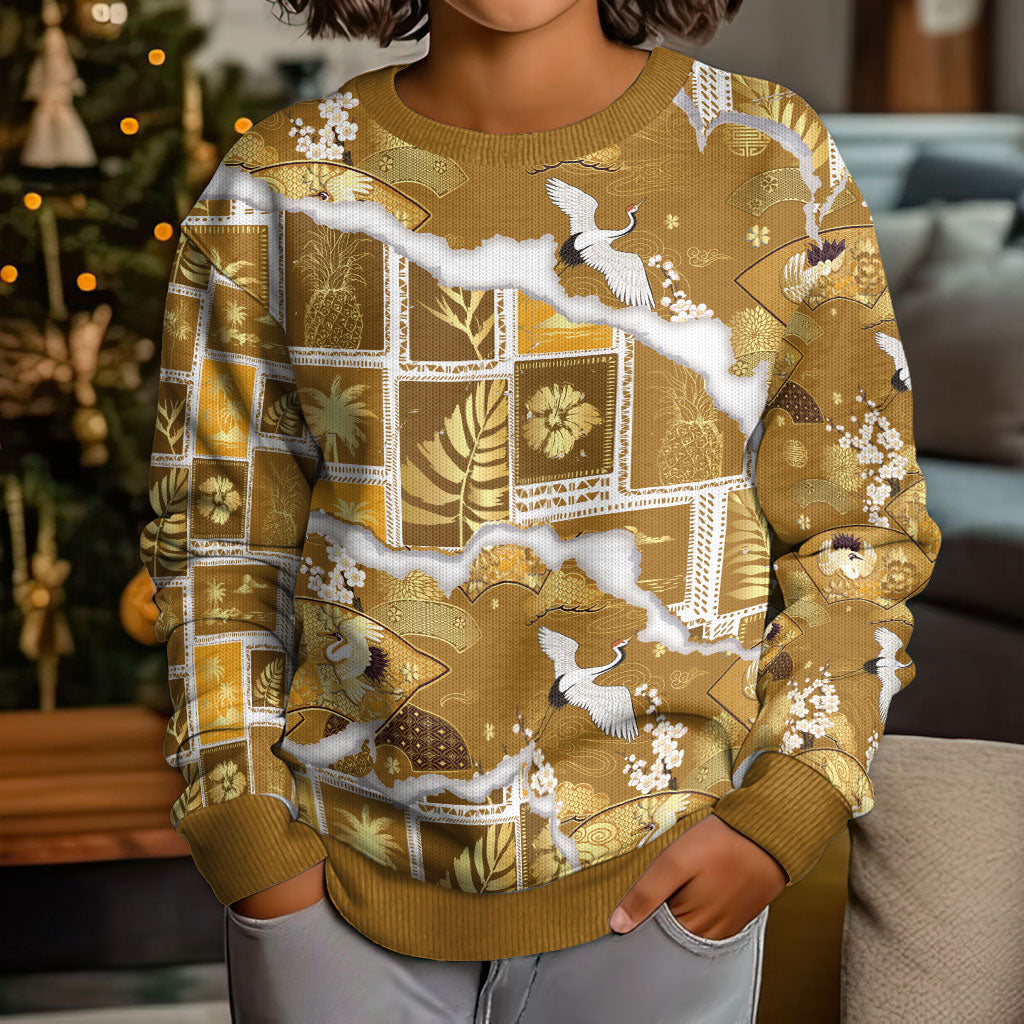 Hawaii Japanese Culture Gold Kid Ugly Christmas Sweater Spring Cranes Aloha Pattern LT01 - Polynesian Pride