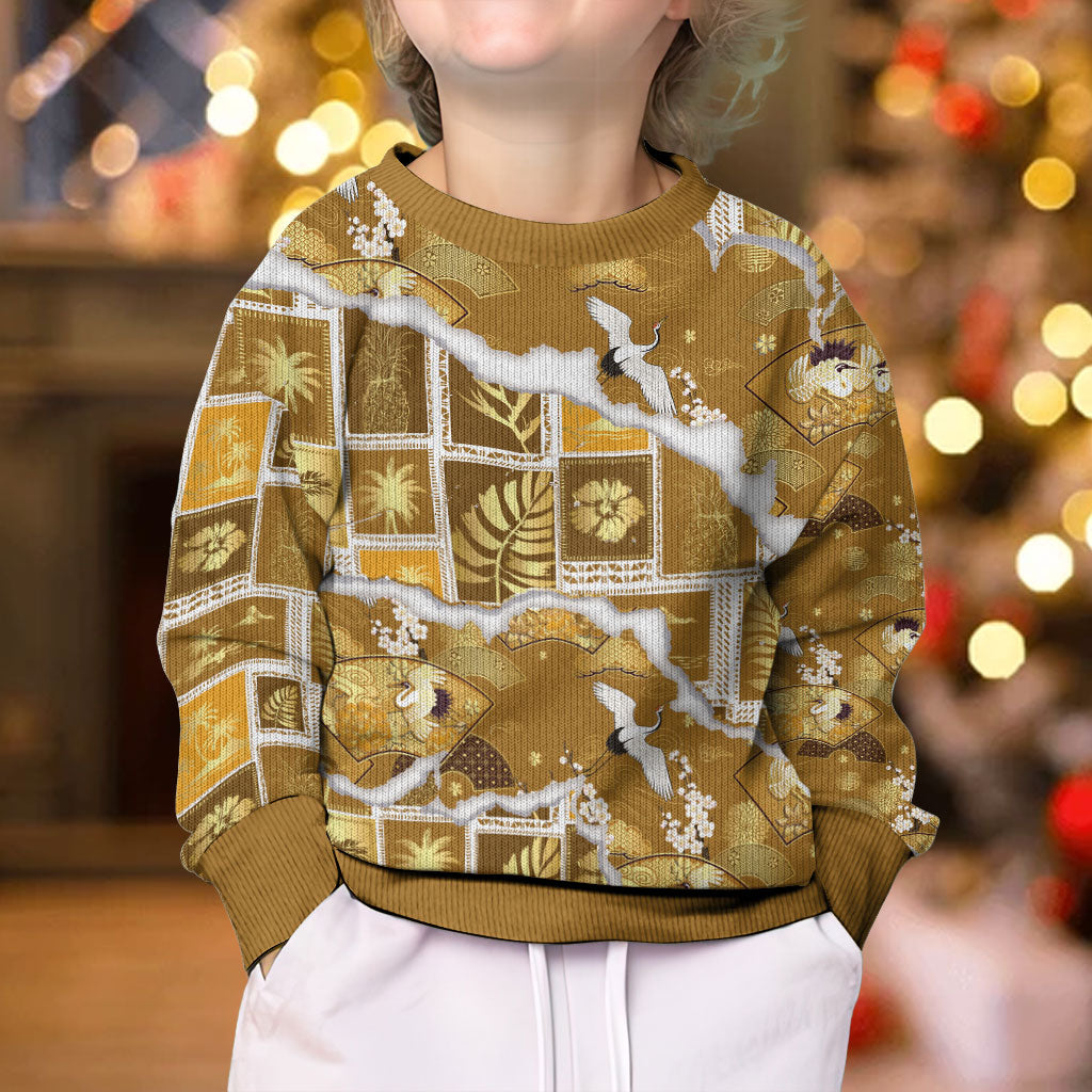 Hawaii Japanese Culture Gold Kid Ugly Christmas Sweater Spring Cranes Aloha Pattern LT01 - Polynesian Pride