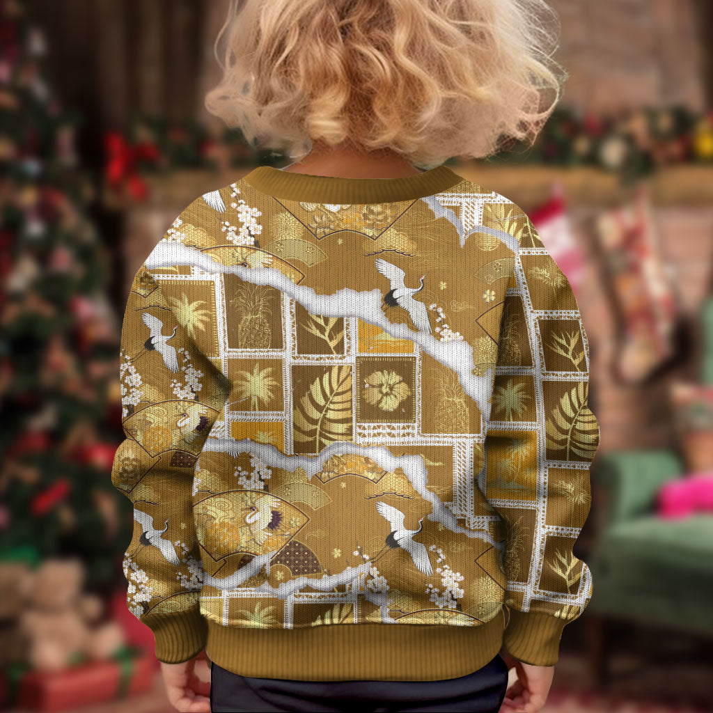 Hawaii Japanese Culture Gold Kid Ugly Christmas Sweater Spring Cranes Aloha Pattern LT01 - Polynesian Pride