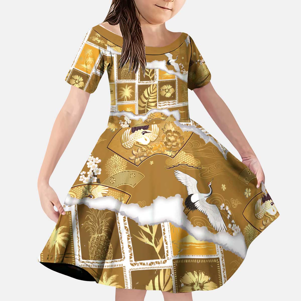 Hawaii Japanese Culture Gold Kid Short Sleeve Dress Spring Cranes Aloha Pattern