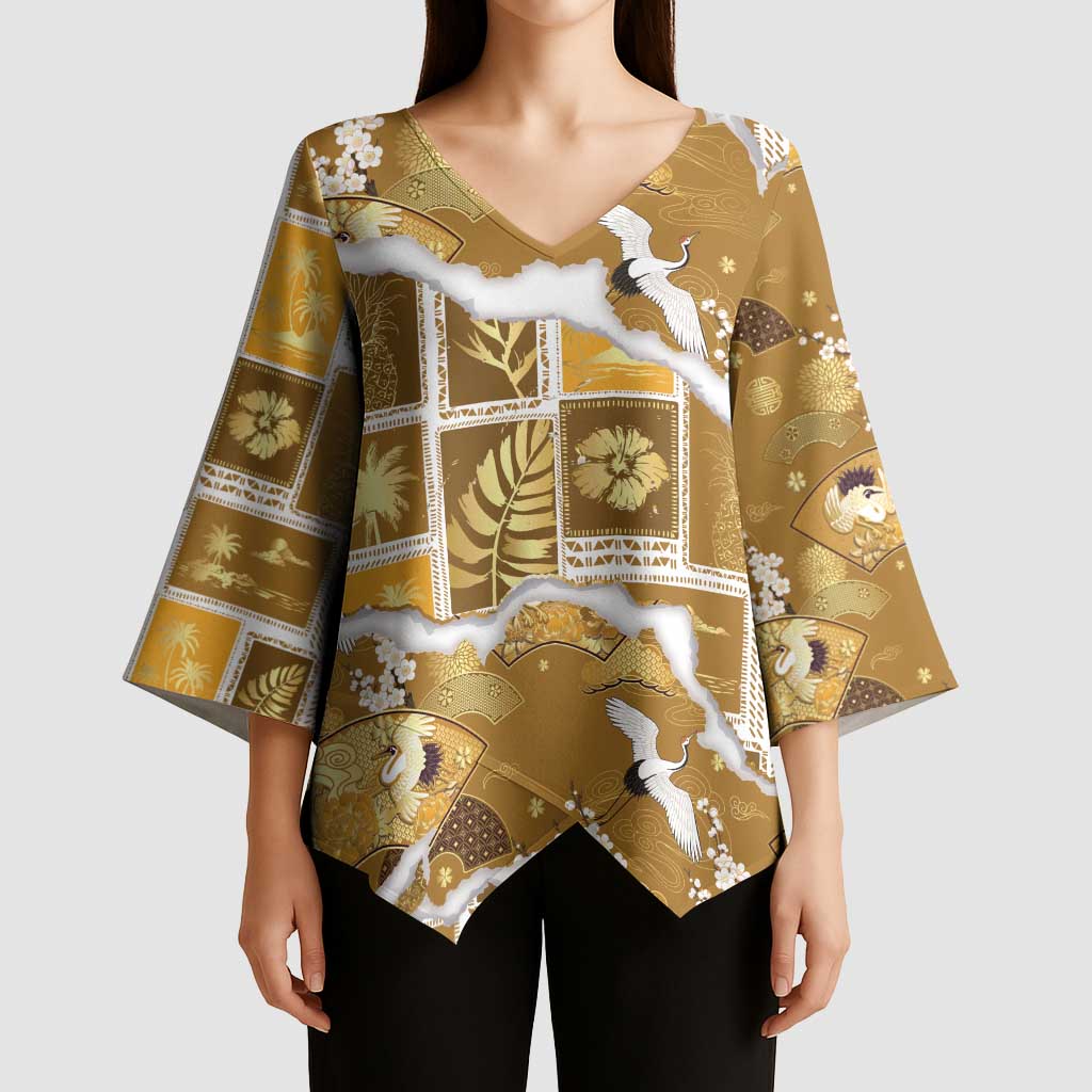 Hawaii Japanese Culture Gold Kimono Sleeve Blouse Spring Cranes Aloha Pattern