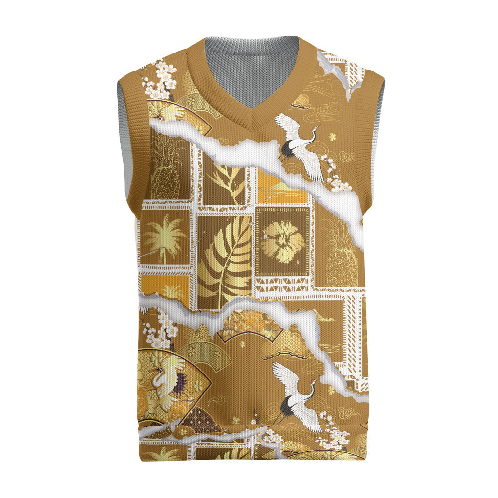 Hawaii Japanese Culture Gold Christmas Knitted V-Neck Vest Spring Cranes Aloha Pattern LT01 Gold - Polynesian Pride