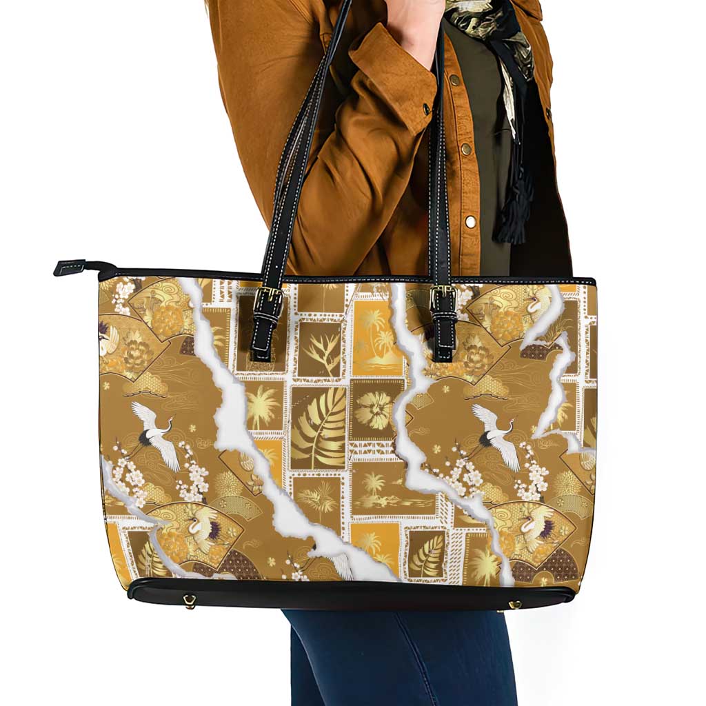 Hawaii Japanese Culture Gold Leather Tote Bag Spring Cranes Aloha Pattern