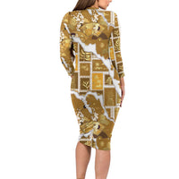 Hawaii Japanese Culture Gold Long Sleeve Bodycon Dress Spring Cranes Aloha Pattern