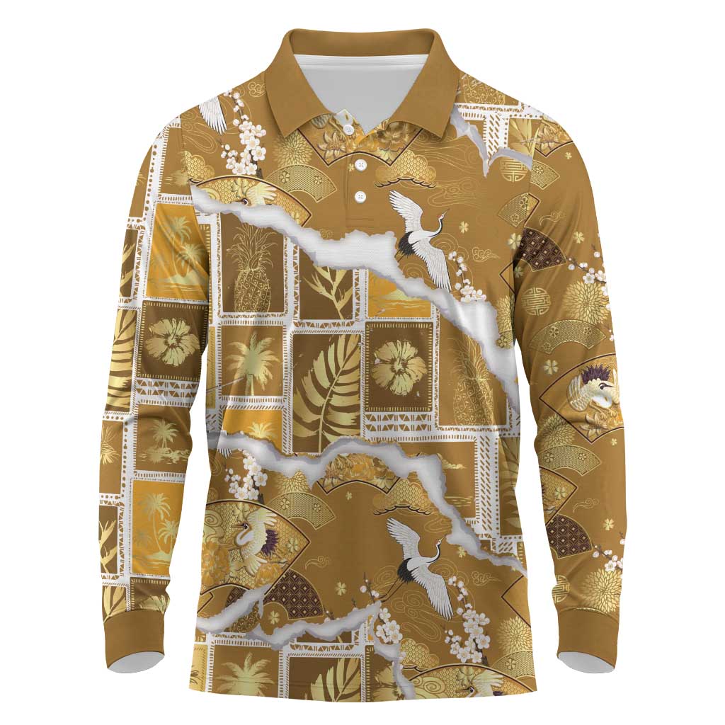 Hawaii Japanese Culture Gold Long Sleeve Polo Shirt Spring Cranes Aloha Pattern