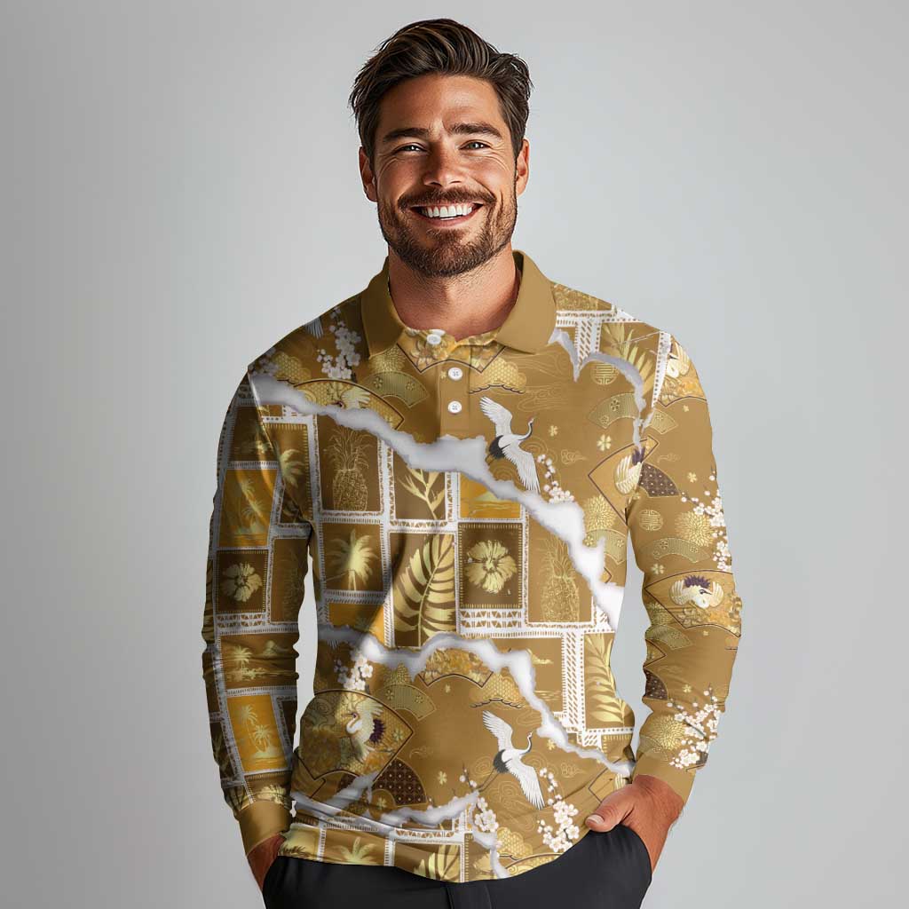Hawaii Japanese Culture Gold Long Sleeve Polo Shirt Spring Cranes Aloha Pattern