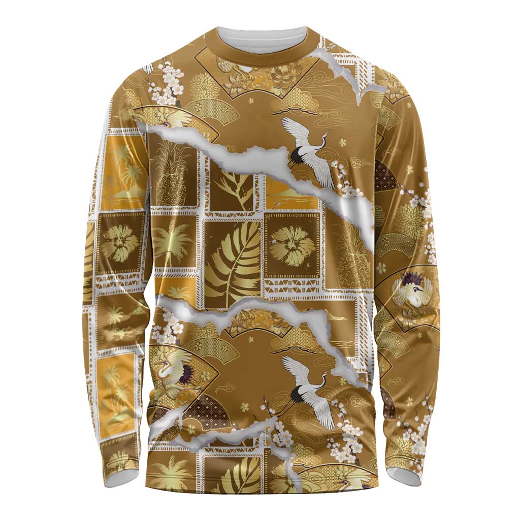 Hawaii Japanese Culture Gold Long Sleeve Shirt Spring Cranes Aloha Pattern