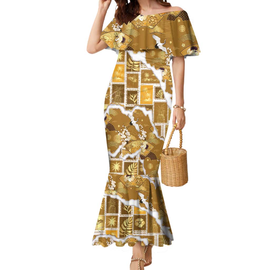 Hawaii Japanese Culture Gold Mermaid Dress Spring Cranes Aloha Pattern