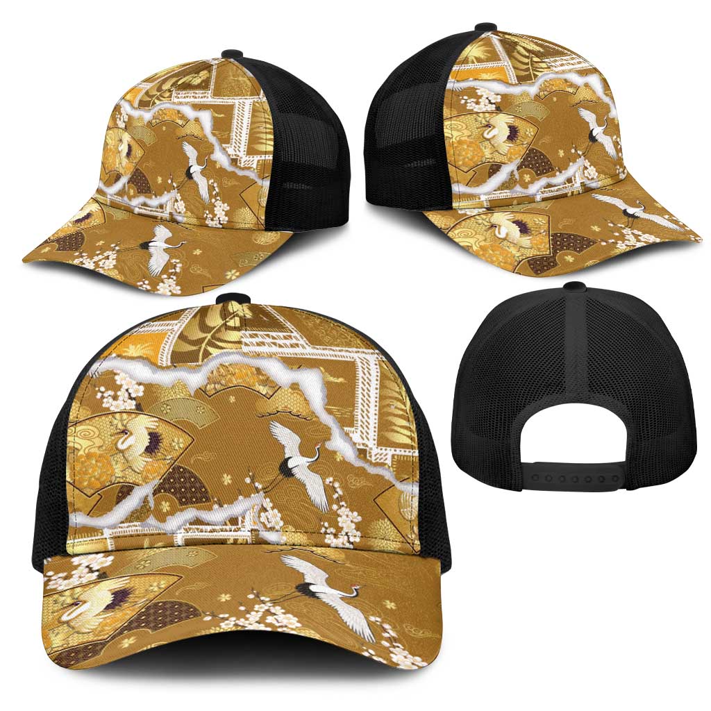 Hawaii Japanese Culture Gold Mesh Trucker Cap Spring Cranes Aloha Pattern