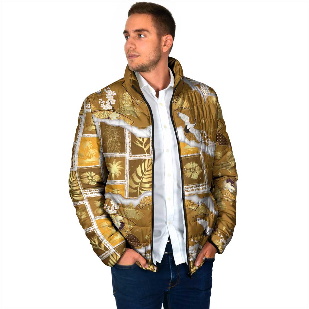 Hawaii Japanese Culture Gold Padded Jacket Spring Cranes Aloha Pattern