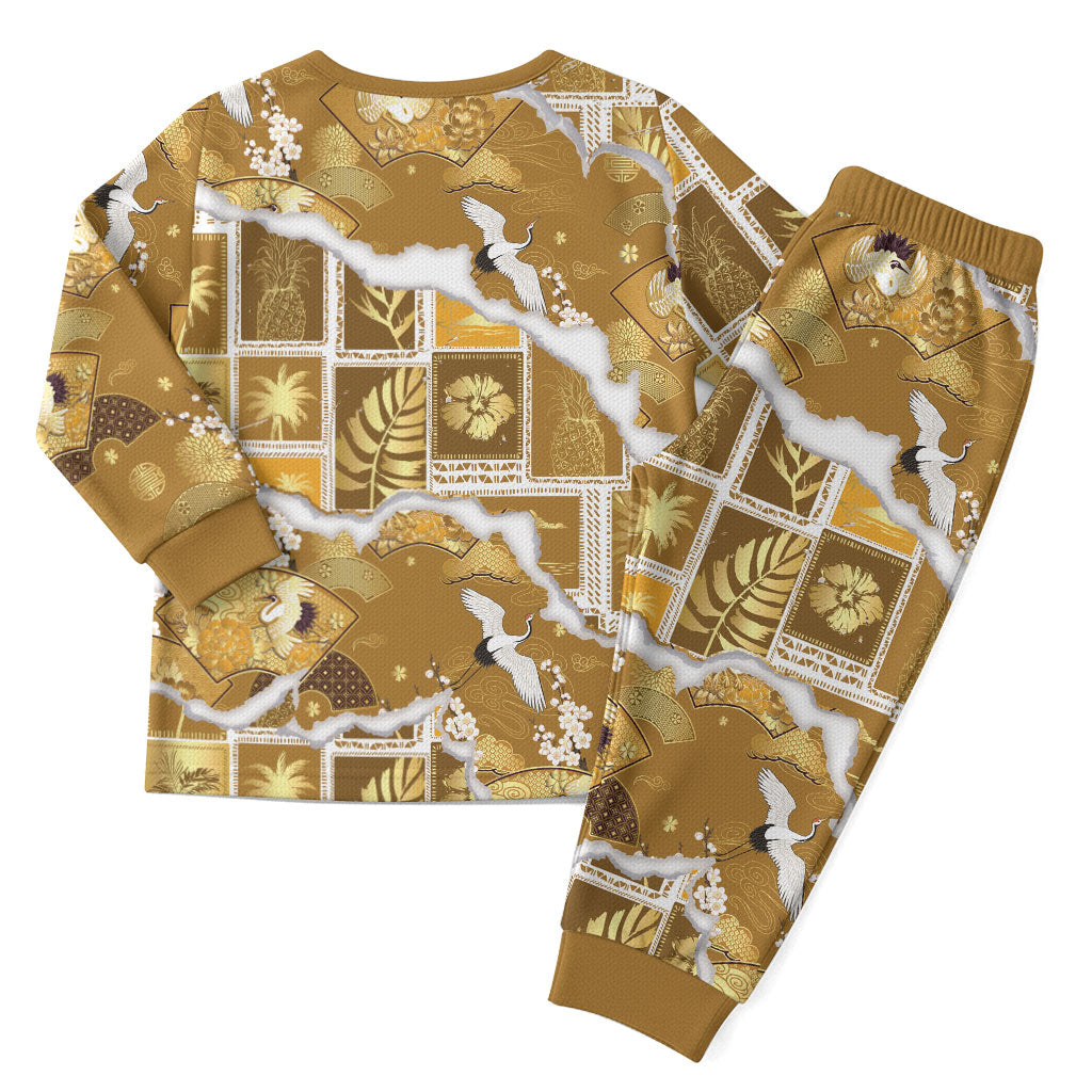 Hawaii Japanese Culture Gold Christmas Pajama Set Spring Cranes Aloha Pattern LT01 - Polynesian Pride