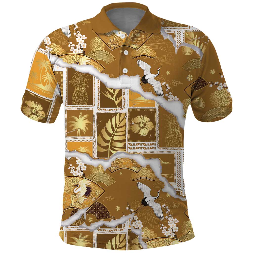 Hawaii Japanese Culture Gold Polo Shirt Spring Cranes Aloha Pattern
