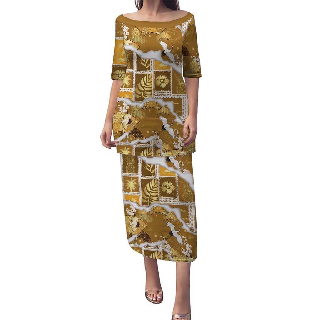 Hawaii Japanese Culture Gold Puletasi Spring Cranes Aloha Pattern